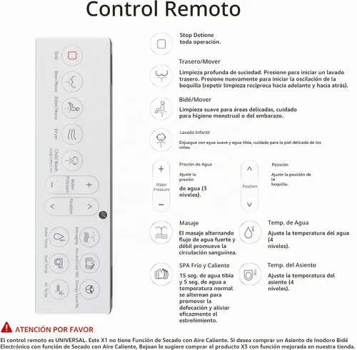 Vista 6 de X1 Asiento de Bidé Eléctrico para Inodoros Alargados con Control Remoto - Asiento de Inodoro Calentado Electrónicamente con Agua Caliente