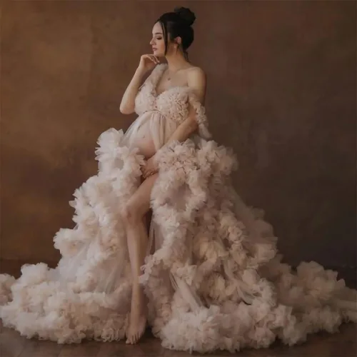 Vista 2 de Bata de tul para mujer, vestido de maternidad para sesión de fotos, volantes hinchados, lencería nupcial, bata de baño, bufanda de boda con ilusión