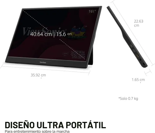 Vista 6 de ViewSonic VA1653 - Monitor portátil de 16 pulgadas 1080p FHD IPS con cuidado de los ojos, soporte incorporado, USB C, Mini HDMI y estuche protector.