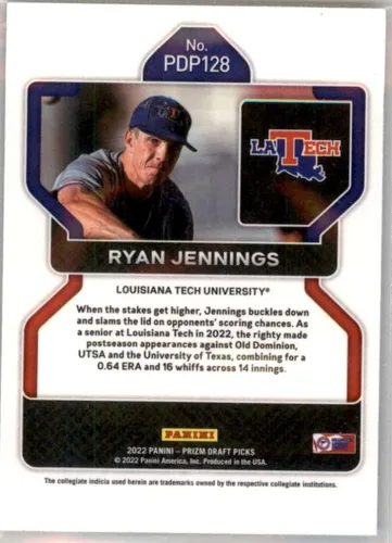 Vista 2 de 2022 Panini Prizm Draft Picks #128 Ryan Jennings RC Rookie Louisiana Tech Bulldogs Baseball Trading Card