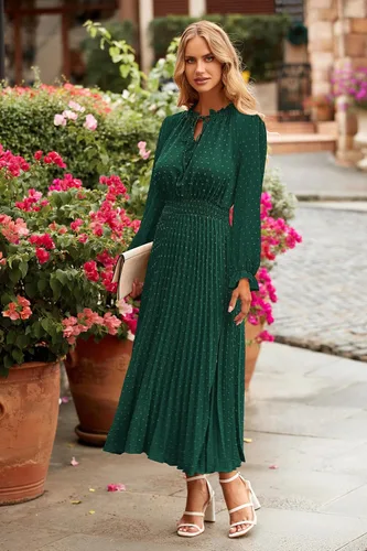 Vista 3 de PRETTYGARDEN Vestido midi de otoño 2024 para mujer, casual, manga larga, cuello en V, lunares suizos, plisado, acampanado, vestidos fluidos