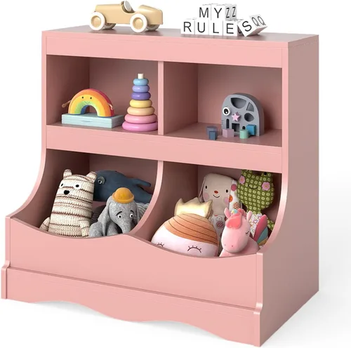 Vista 11 de Costzon Organizador de almacenamiento de juguetes, estantería para niños de 4 compartimentos con estribo y tarjeta de nombre, estantería de madera