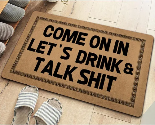 Vista 4 de Divertida alfombra de bienvenida para entrada interior y porche, alfombra de decoración de porche con texto en inglés "Come On In Let's Drink and