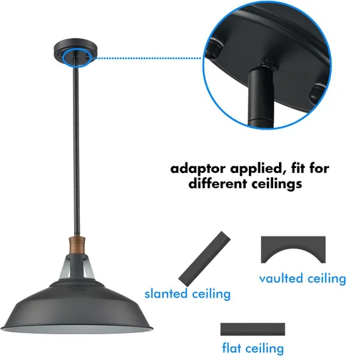 Vista 6 de CLAXY - Lámpara colgante negra para granja, barra colgante de granero Dimmable E26 Indoor Kitchen Hanging Pendant Light Fixture-15.3" Diameter