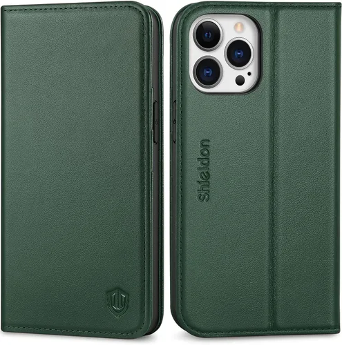 Vista 11 de SHIELDON - Funda tipo cartera de piel auténtica para iPhone 13 Pro de 6.1 pulgadas 2021, color negro Magnetic Closure, RFID Blocking, Credit Card
