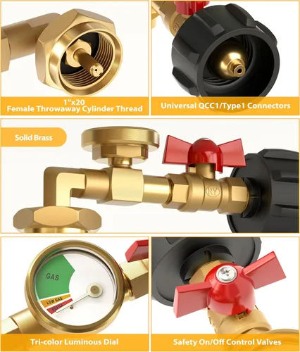 Vista 3 de HICOOI Adaptador de recarga de propano para tanques de 1 libra, con manómetro y válvula, codo de latón resistente de 90°, conector QCC1/Type1