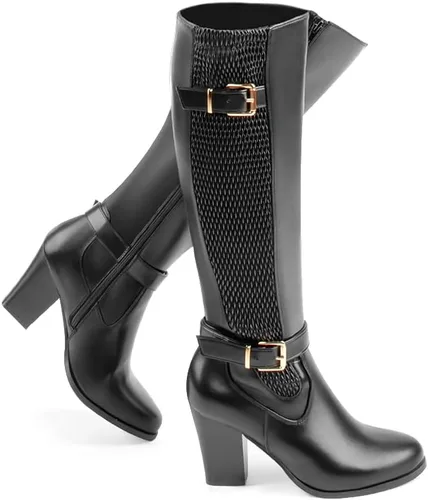 Vista 2 de Botas altas hasta la rodilla para mujer, tacón grueso, puntera completa, con cremallera lateral completa