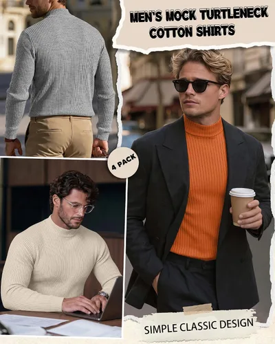 Vista 2 de Paquete de 4 Camisetas de Cuello Alto Simulado para Hombre de Algodón de Punto Acanalado de Manga Larga Pullover Ajustado Casual Suéteres Básicas