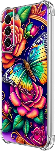 Vista 7 de Funda para Galaxy S21 FE 5G, protección contra caídas de flores de mariposa azul, a prueba de golpes, carcasa protectora de cuerpo completo Mariposa