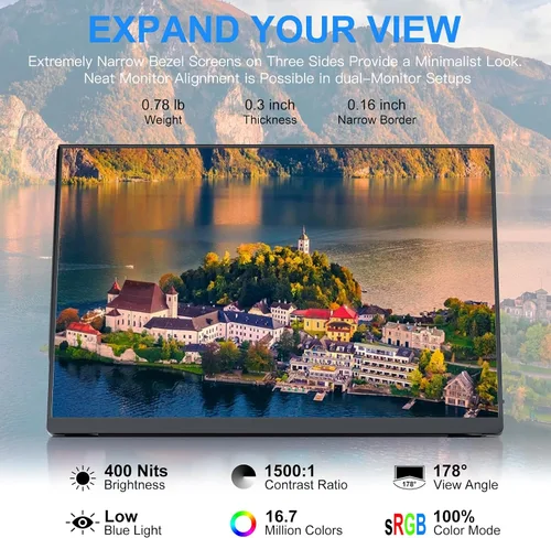 Vista 2 de Monitor portátil de 10.5'' para laptop, monitor de pantalla portátil de 2K FHD 60HZ, entradas USB-C y HDMI, panel IPS ultradelgado con HDR