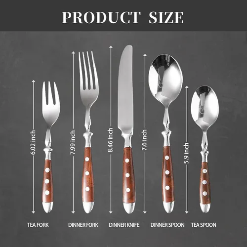 Vista 4 de 20-piece wooden handle silverware set for 4, premium stainless steel flatware set, retro brown utensils cutlery set, mirror finished forks spoons