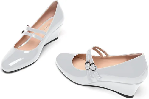 Vista 6 de Zapatos de tacón bajo con hebilla de punta redonda para mujer, con correa ajustable y correa ajustable, 2 pulgadas