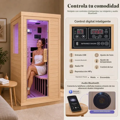 Vista 5 de Sala de sauna de infrarrojo lejano de 1350W para el hogar, sauna de madera canadiense de Hemlock de calentamiento rápido bajo EMF, luz de sauna que