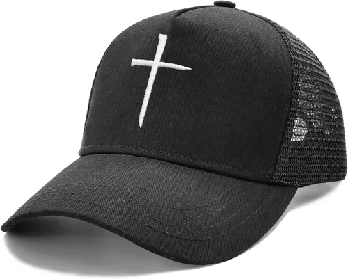 Vista 2 de NVJUI JUFOPL Gorra de camionero bordada con cruz cristiana, regalos religiosos para hombres y mujeres, color negro, Negro
