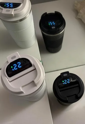 Vista 3 de Taza de café de 12 onzas con identificador de temperatura de acero inoxidable doble pared taza termica para bebidas frías calientes tapa a prueba