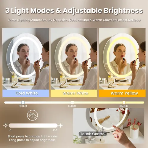 Vista 7 de Tocador pequeño con espejo y luces, tiradores de madera con taburete acolchado, 3 modos de iluminación, mesa redonda de maquillaje con rieles