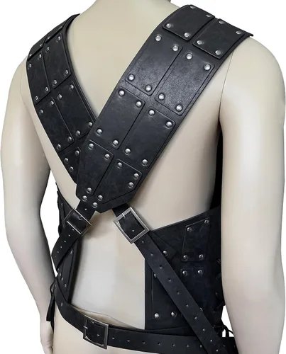 Vista 4 de HiiFeuer Armadura medieval de cuero con tachuelas, armadura de cuerpo mercenario vintage, piel sintética, armadura ajustable en el pecho