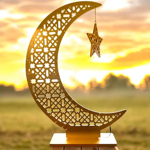 Vista 11 de Soporte de luz de estrella de luna de ramadán, luces nocturnas de bienvenida de Ramadán, decoración de árbol de media luna, decoración de mesa 2 pzas
