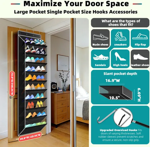 Vista 2 de PAULONE Organizador multiusos de 10 bolsillos para colocar sobre la puerta, capacidad resistente de 95 libras con malla transpirable, almacenamiento
