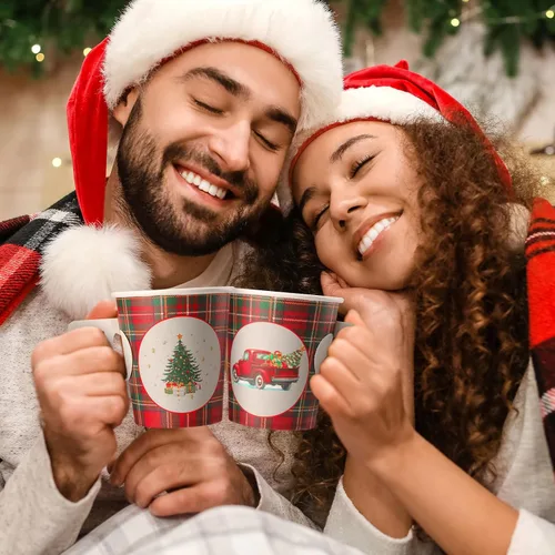 Vista 4 de 200 vasos de papel desechables de Navidad con asa, 8 onzas, búfalo, a cuadros, desechables, para café, cacao, chocolate caliente, vasos para bebidas