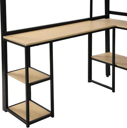 Vista 6 de SOFTSEA Cama alta de metal de tamaño matrimonial con escritorio y estantes, cama alta resistente con escalera y área de estudio para niños, marco