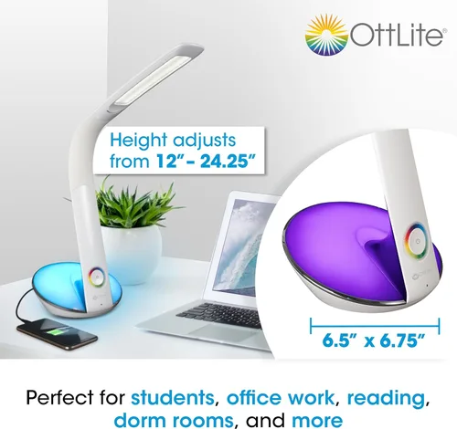 Vista 5 de OttLite - Lámpara LED de escritorio con base que cambia de color y puerto USB, color blanco LED de luz natural Base que cambia de color 3