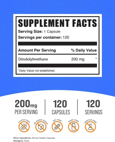Vista 2 de BulkSupplements. com DIM Cápsulas - Cápsulas de diindolilmetano para hombres y mujeres, DIM 200 mg, sin gluten, 1 cápsula por porción, 120
