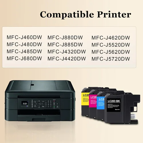 Vista 2 de Cartuchos de tinta LC203 LC201 XL (1 negro, 1 cian, 1 magenta, 1 amarillo, 4 unidades) – Repuesto compatible con Loet para impresora Brother LC203XL
