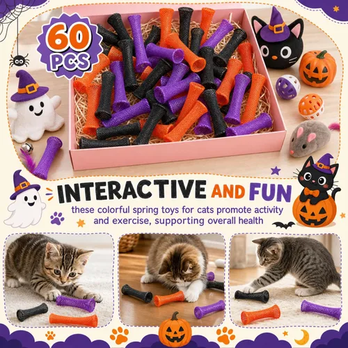 Vista 3 de Leitee 60 Pcs Cat Spring Toys Kitten Tubes,Black, Orange, and Purple Chinese Finger Trap Cat Toy For Indoor Cats, Mesh Tubes Plastic Coil For Pet