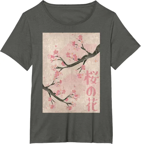 Vista 47 de Cherry Blossom Japanese Vintage Woodblock Japan Pink Sakura T-Shirt Asphalt Grey