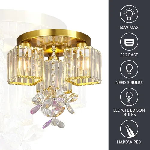 Vista 3 de Lámpara de techo semiempotrada, 3 lámparas cerca del techo para cocina, entrada, dormitorio, baño, vestíbulo, moderno, cristal dorado, lámpara