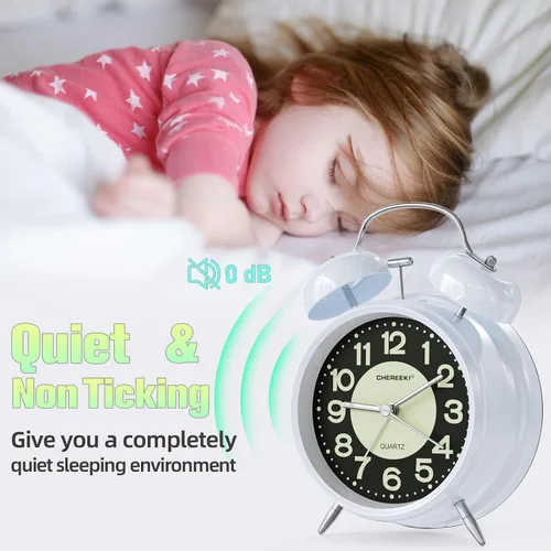 Vista 7 de CHEREEKI - Reloj despertador potente para personas que duermen profundamente, reloj analógico silencioso sin marcas con luz de fondo, esfera