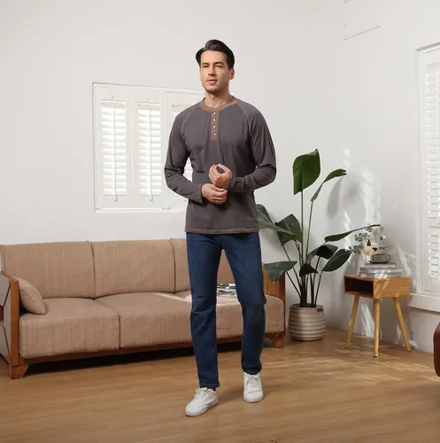 Vista 5 de Aulemen Camisa Henley de manga larga para hombre, casual, ligera, de algodón, básica, manga raglán