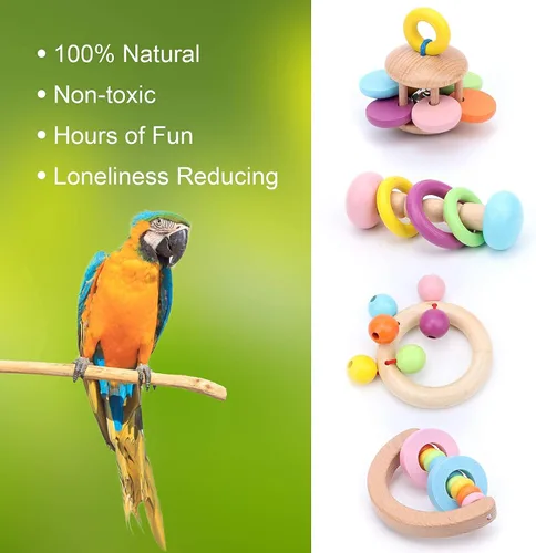 Vista 5 de Juguetes interactivos de mano para pájaros grandes para loro de pie, paquete de 4