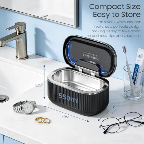 Vista 7 de Limpiador ultrasónico de joyas de 45 kHz para anillos, gafas, plateadas y Negro