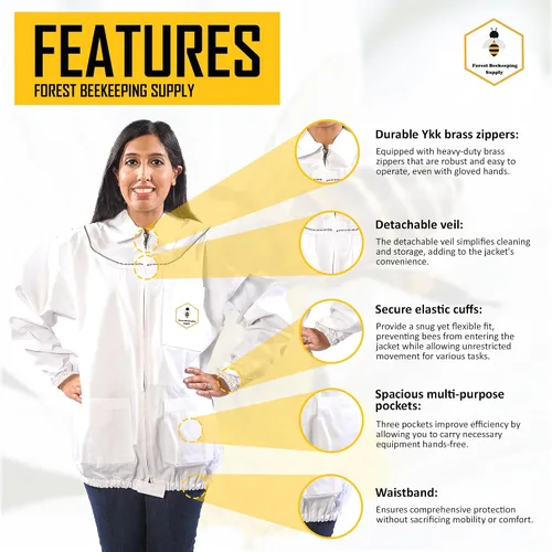 Vista 3 de Chaqueta de apicultura con velo y guantes de esgrima, chaqueta de abeja de algodón para hombres y mujeres, cremalleras de latón de alta resistencia