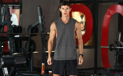 Vista 4 de Camiseta sin mangas con capucha para hombre, para gimnasio, fisicoculturismo, entrenamiento muscular, camiseta atlética