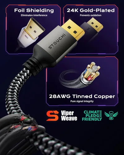 Vista 6 de Stouchi - Cable DisplayPort 2.1 certificado VESA 1.5 pies, 80Gbps UHBR20 [16K 8K 4K@540Hz] Cable DP corto, compatible con FreeSync G-Sync, DSC 1.2a