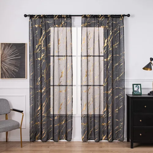 Vista 2 de Sutuo Home - Cortinas traslúcidas de mármol de 63 pulgadas de largo, juego de 2 paneles, con estampado de lámina de oro y bronceado metálico