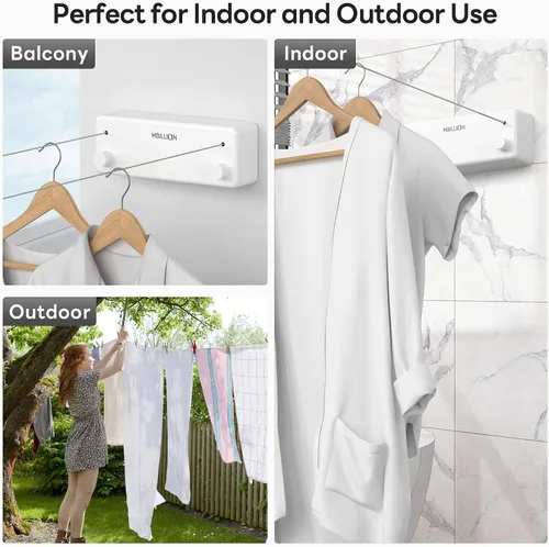 Vista 6 de Mbillion Tendedero retráctil de acero inoxidable de 13.8 pies, línea de ropa doble retráctil para interiores, resistente, línea de lavandería