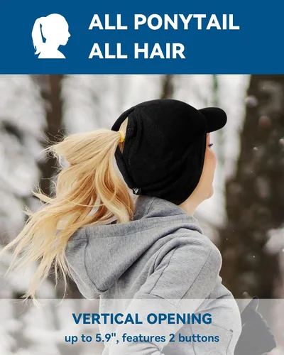 Vista 5 de Gisdanchz Sombrero de cola de caballo de forro polar elástico para mujer con orejeras - Sombrero de invierno con agujero vertical para cola