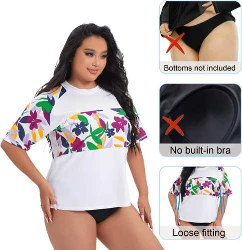Vista 4 de Halcurt Camiseta de natación para mujer, talla grande, manga corta, protección UPF 50