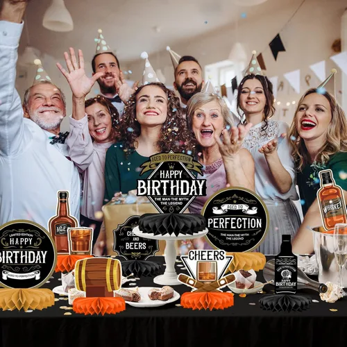 Vista 4 de Decoraciones de fiesta de cumpleaños con patrón de whisky para hombres, centro de mesa de whisky en forma de panal, decoraciones de mesa
