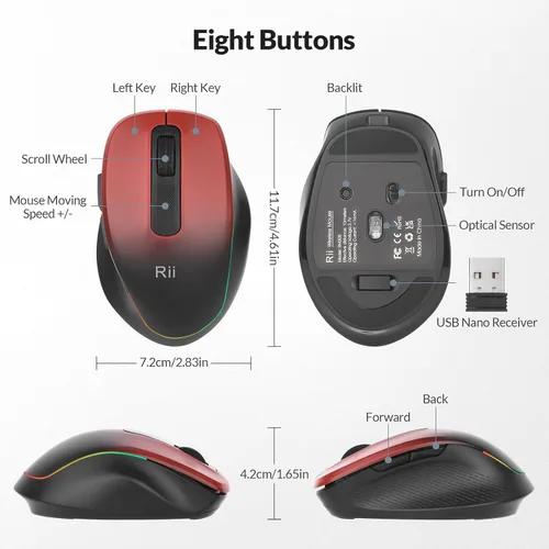 Vista 6 de Rii Mouse inalámbrico recargable, 2.4 GHz con receptor USB, 1000/1200/1600 DPI, agarres ergonómicos, teclas silenciosas, mouse inalámbrico