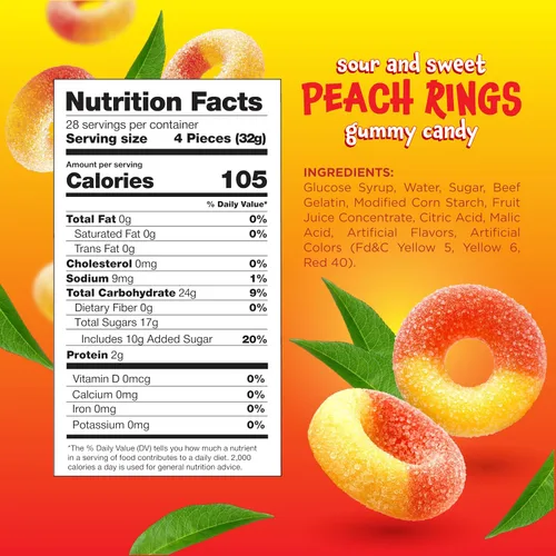 Vista 2 de Peach Rings – Bolsa de 2 libras – Gomitas de durazno – Dulces agridulces para oficina, aperitivos, decoración de postres y bolsas de golosinas