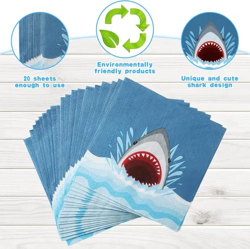 Vista 2 de Gersoniel 40 servilletas de papel de tiburón desechables Ocean Shark Party