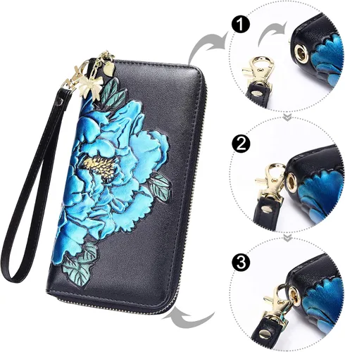 Vista 6 de FEITH & FELLY - Cartera con bloqueo RFID para mujer, de cuero grabado en relieve, talla única