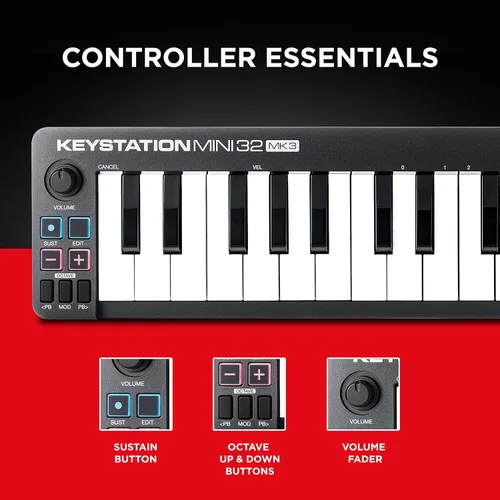 Vista 3 de M-AUDIO Keystation Mini 32 MK3 MIDI Controller Bundle con auriculares para grabación de estudio, producción de música, podcasting, transmisión