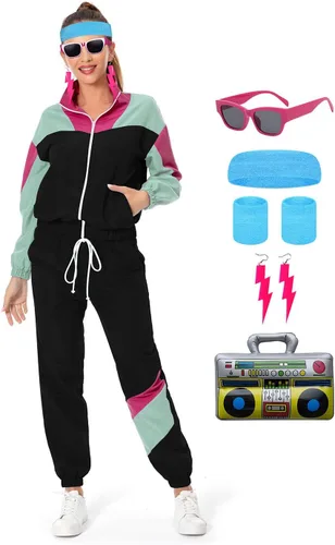 Vista 13 de Conjunto de traje de pista de bloque de color de los años 80, rompevientos de manga larga de los años 90, traje deportivo casual para mujer