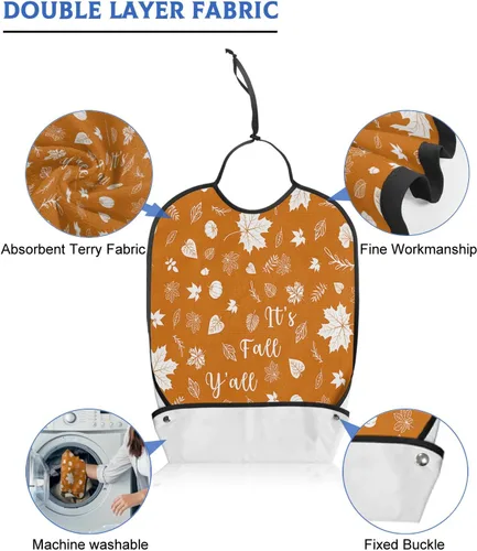 Vista 5 de Fall Leaves Adult Bib for Eating with Crumb Catcher,Washable & Waterproof Terry Cloth Adjustable Elderly Women Men Adult Bibs Funny Clothing